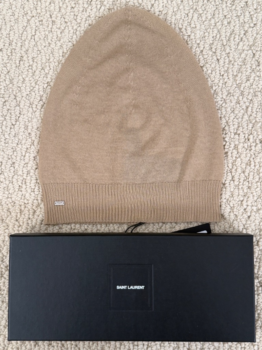 Saint Laurent YSL Beige Tan Cashmere Lightweight Knit Ribbed Trim Beanie Hat